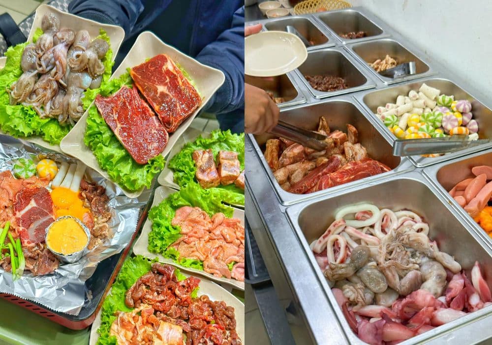 Quầy topping buffet nướng Chùa Láng luôn đầy ắp của quán cho khách hàng tha hồ lựa chọn (Ảnh: Sưu tầm Internet)