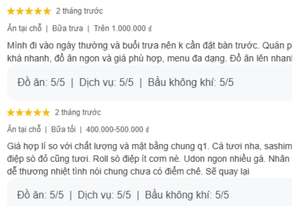 Đánh giá và nhận xét của khách hàng sau khi trải nghiệm Sushi Way Quận 3 (Ảnh: Google Maps)