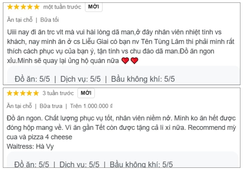 Nhận xét tích cực của khách hàng về nhà hàng Pizza 4P’s (Ảnh: Google Maps)