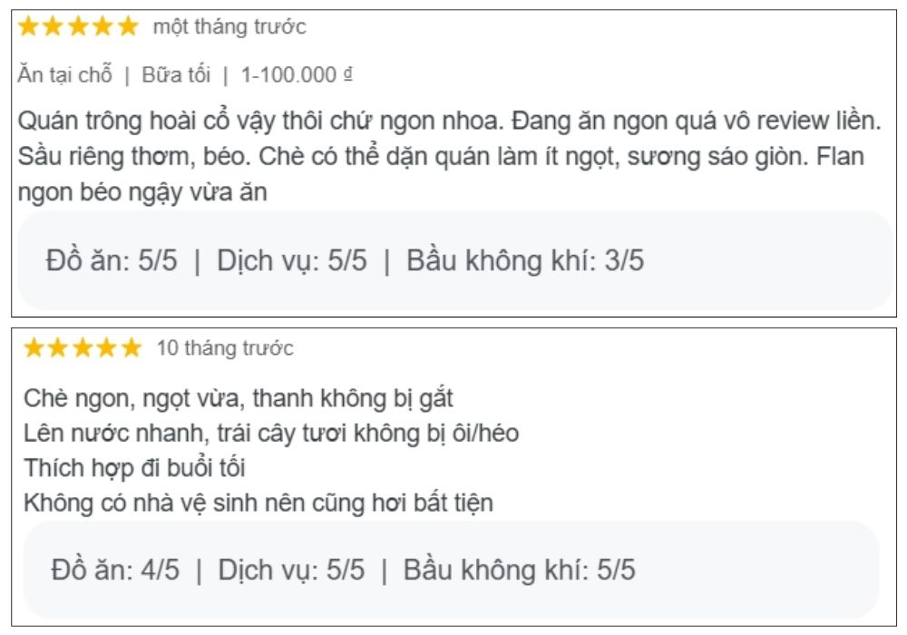 `Đánh giá tích cực từ khách hàng sau khi trải nghiệm chè Thái Biển Ngọc (Ảnh: Google Maps)