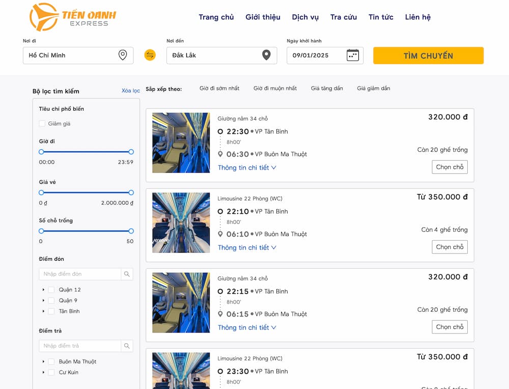Đặt vé trực tuyến trên website chính thức của nhà xe (Ảnh: nhà xe Tiến Oanh)
