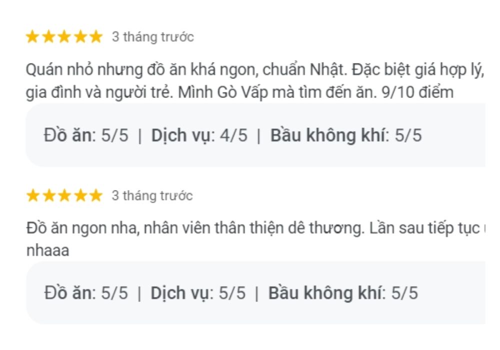 Nhận xét của khách hàng về Taiki Sushi Thủ Đức 