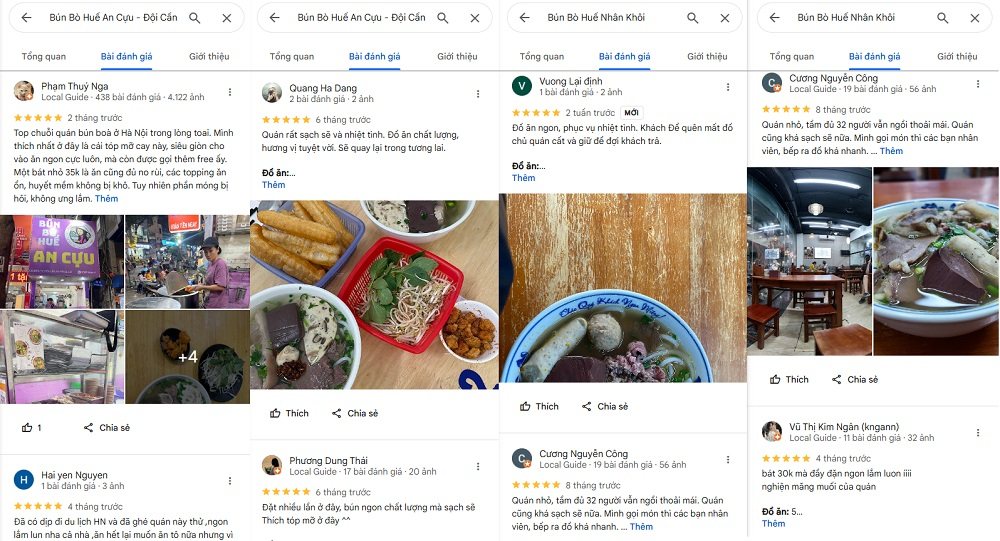 Một số đánh giá về quán bún bò Huế An Cựu và Nhân Khôi trên Google Maps (Ảnh: Google Maps)