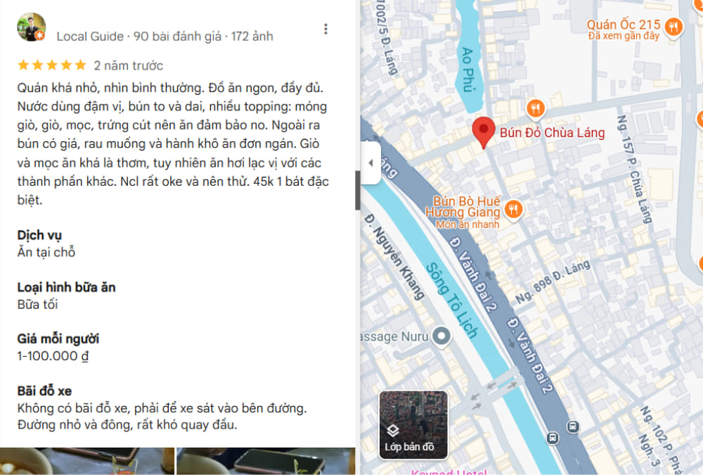 Hình ảnh review chân thực của khách về Bún Đỏ Chùa Láng (Ảnh: Google Maps)