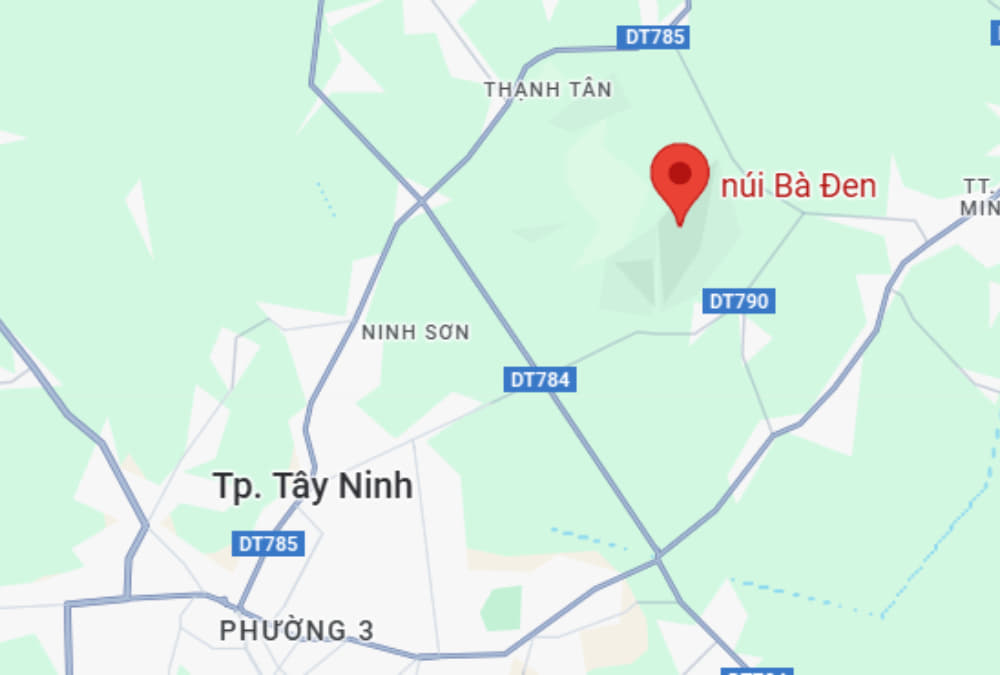 Núi Bà Đen cách thành phố Tây Ninh 11km về hướng Tây Bắc (Ảnh: Google Maps)