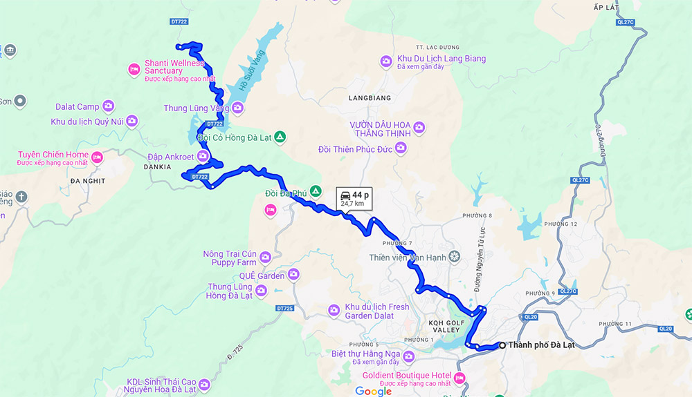 Bản đồ du lịch Đà Lạt cùng tuyến đường giúp bạn đi làng Cù Lần (Ảnh: Google Maps)