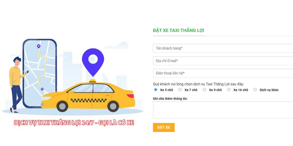 Khách hàng dễ dàng lựa chọn dịch vụ taxi Thắng Lợi khi đặt xe trực tiếp trên website 