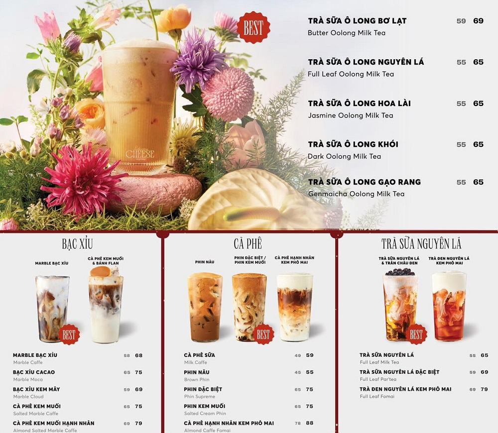 Menu một số thức uống tại Cheese Coffee 