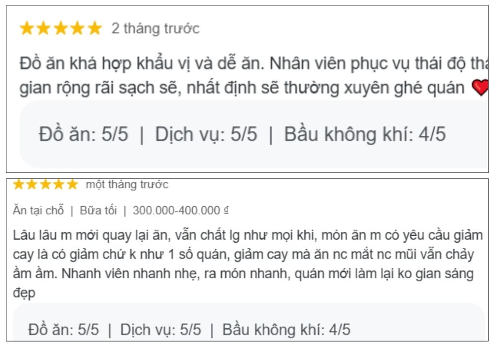 Đánh giá tích cực của khách hàng về trải nghiệm tại Thai Express (Ảnh: Google Maps)