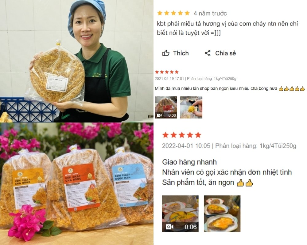 Thương hiệu cơm cháy chà bông Hà Thúy được nhiều khách hàng đánh giá cao về hương vị 