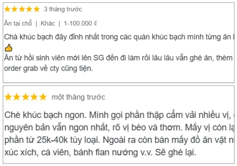 Chè khúc bạch Thanh nhận được đánh giá tích cực từ khách hàng (Ảnh: Google Maps)