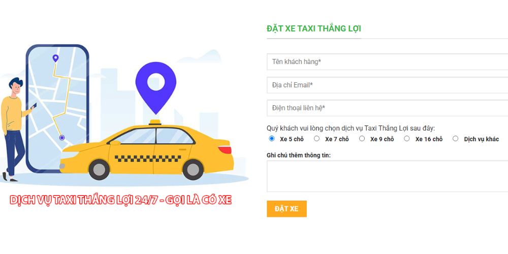 Giao diện đặt xe taxi Thắng Lợi trên website chính thức của hãng 