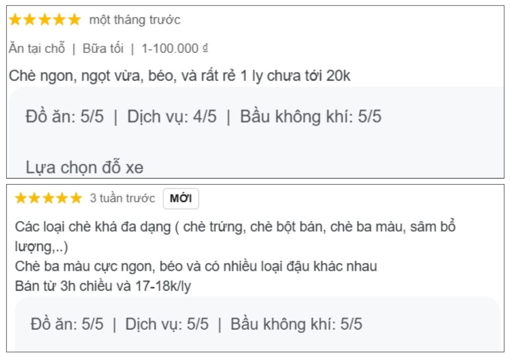 Đánh giá tích cực từ khách hàng về chè Cô Giang (Ảnh: Google Maps)