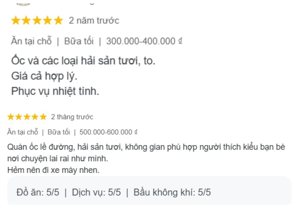 Đánh giá tích của khách hàng dành cho Ốc An