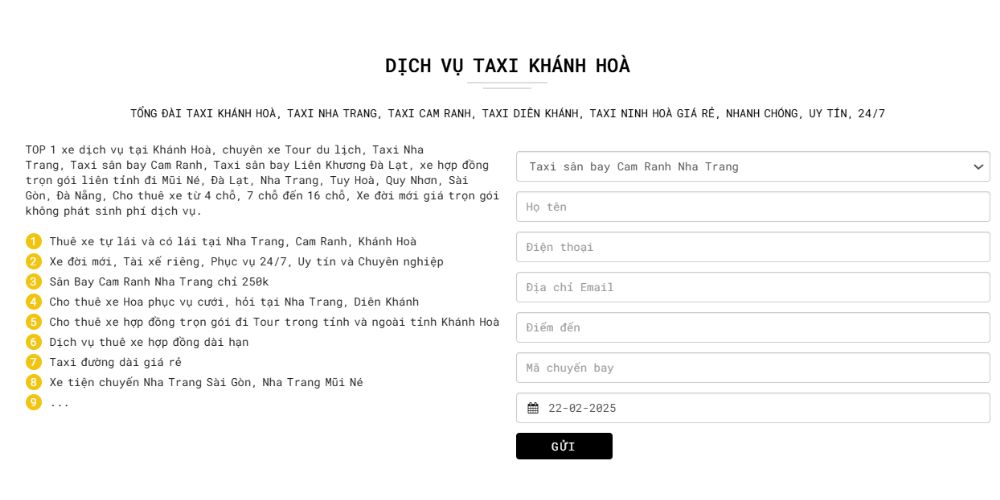 Khách hàng để lại thông tin để đặt dịch vụ Taxi Khánh Hòa trên website