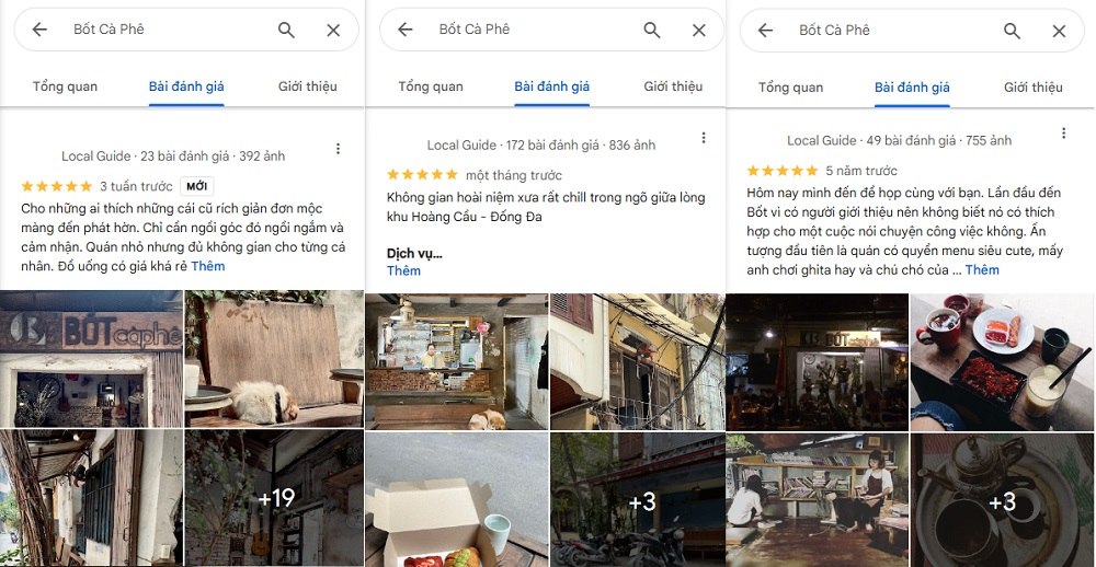 Một số đánh giá 5* của khách hàng về Bốt Cafe trên Google Maps