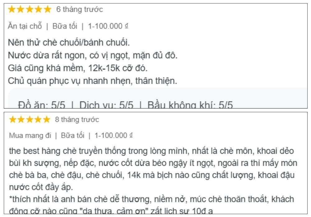 Đánh giá và nhận xét chân thực của khách hàng về chè vỉa hè cô Điệp (Ảnh: Google Maps)