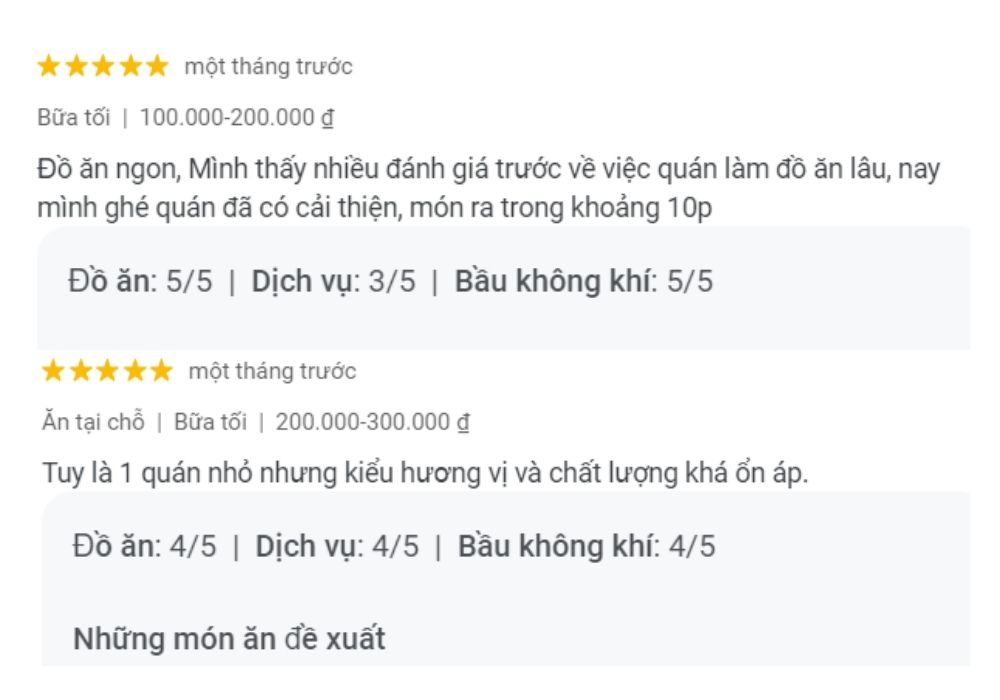 Nhận xét tích cực của khách hàng sau khi trải nghiệm món ăn 