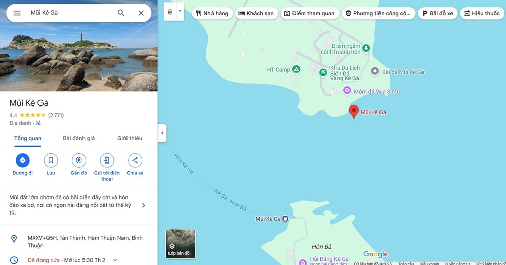 Mũi Kê Gà cách TP. Hồ Chí Minh khoảng 180km về phía Đông Bắc (Ảnh: Google Maps)