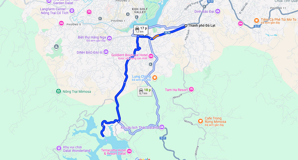 Bản đồ du lịch Đà Lạt cùng tuyến đường giúp bạn đi hồ Tuyền Lâm (Ảnh: Google Maps)