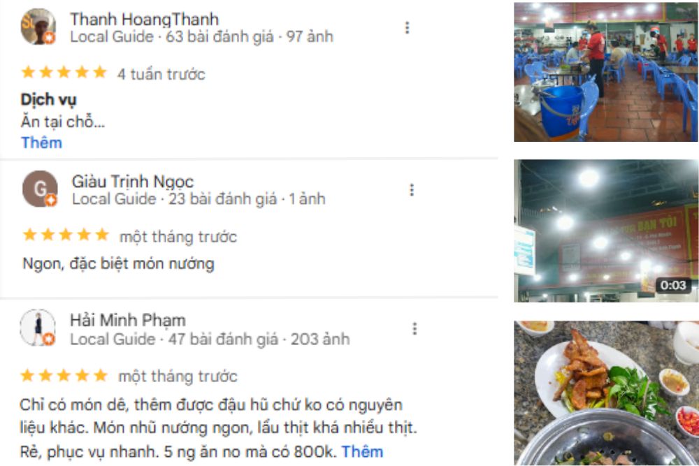 Một số phản hồi tích cực từ khách hàng (Ảnh: Google Maps)