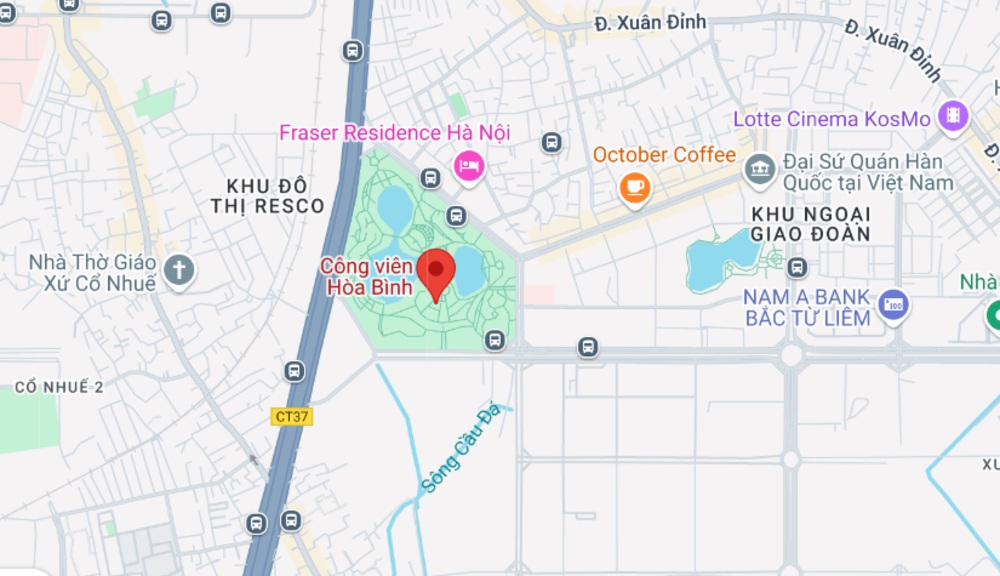 Công viên Hòa Bình nằm tại vị trí trung tâm của Thủ đô (Ảnh: Google Maps)