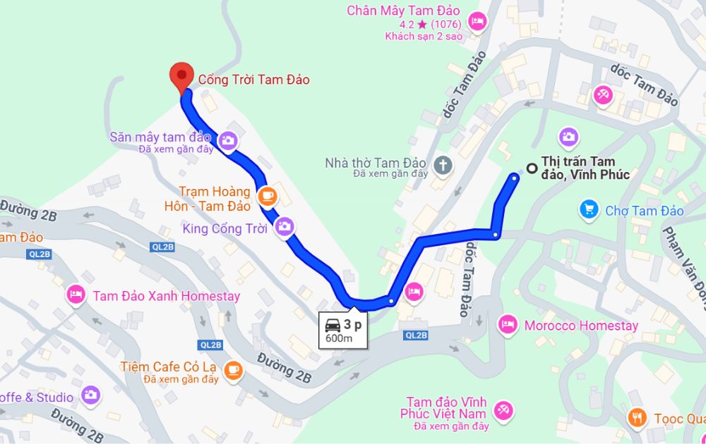 Quãng đường từ trung tâm thị trấn Tam Đảo đến điểm check-in cổng trời Tam Đảo (Ảnh: Google Maps)