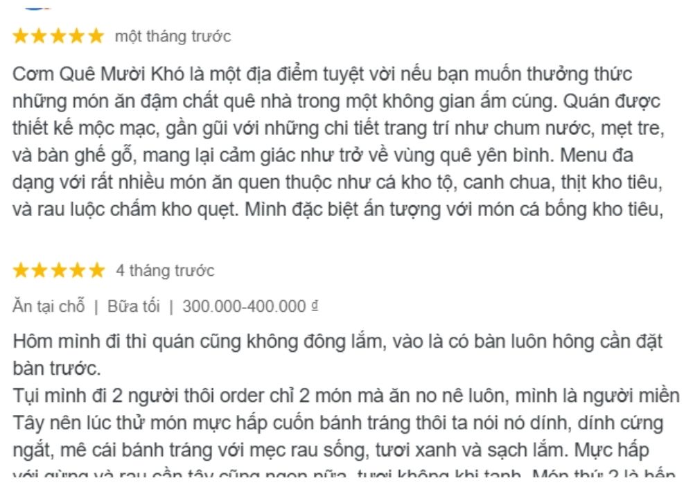 Nhận xét chân thực của khách hàng về trải nghiệm tại Cơm quê Mười Khó 