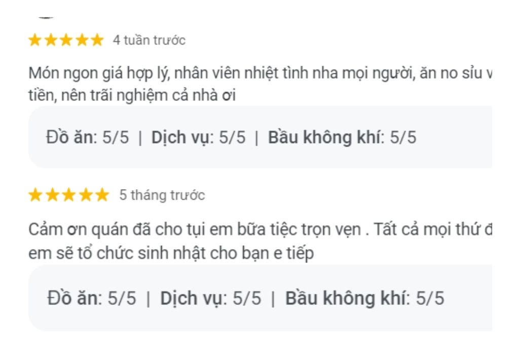 Đánh giá của khách hàng sau khi trải nghiệm tại quán 