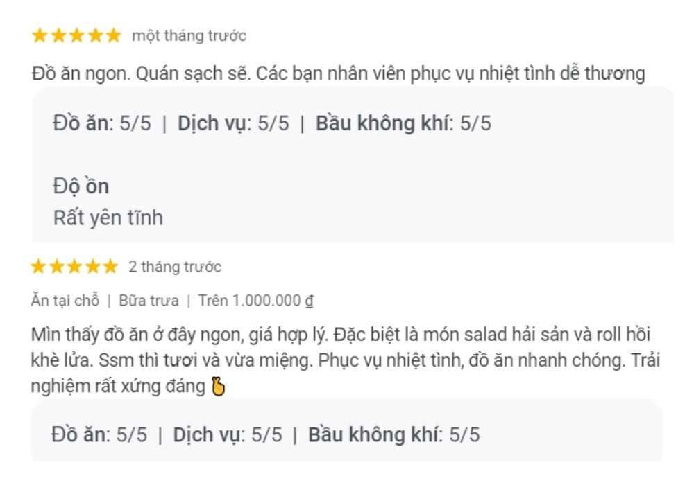 Đánh giá tích cực của khách hàng về Sushi Way Thủ Đức 