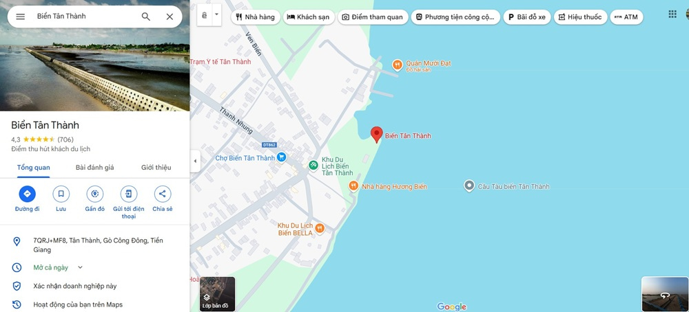 Địa chỉ biển Tân Thành Gò Công (Ảnh: Google Maps)