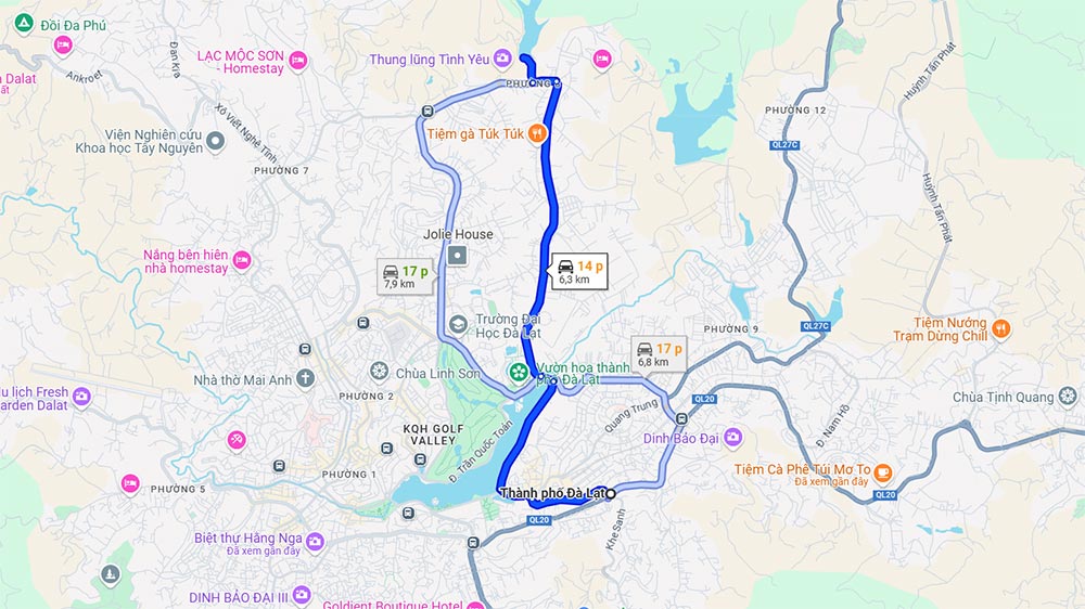 Bản đồ du lịch Đà Lạt cùng tuyến đường giúp bạn đi Thung Lũng Tình Yêu (Ảnh: Google Maps)