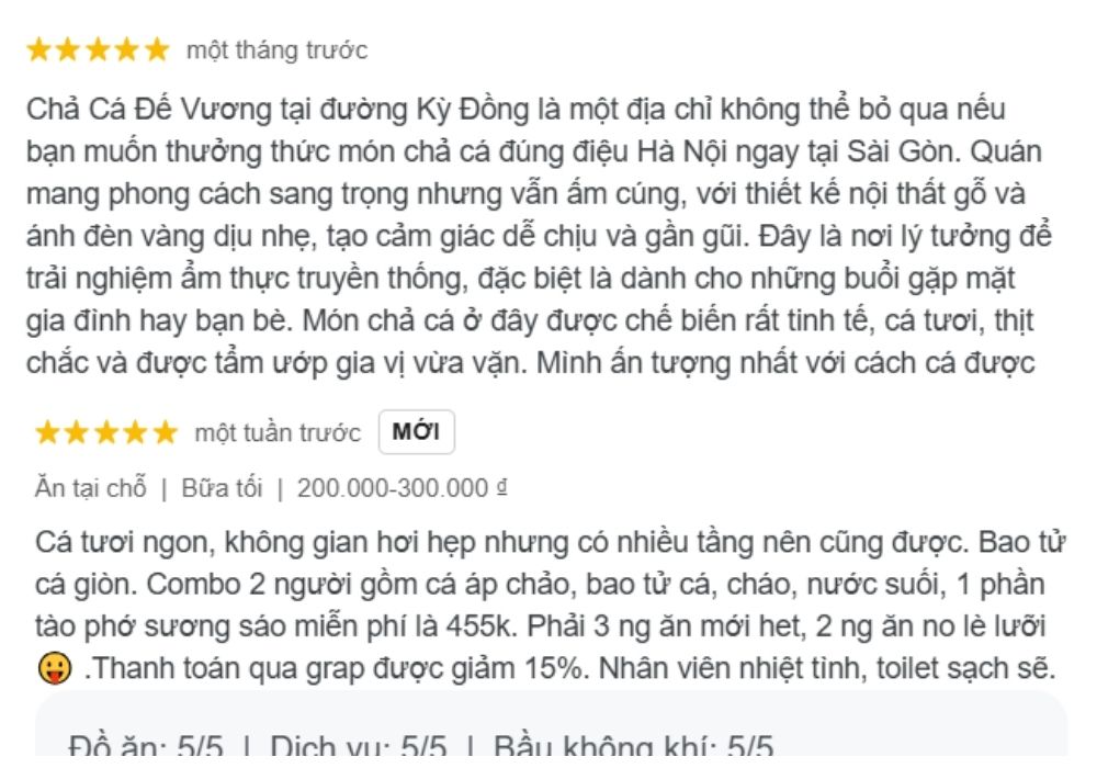 Đánh giá của khách hàng sau khi trải nghiệm tại Chả cá Đế Vương 