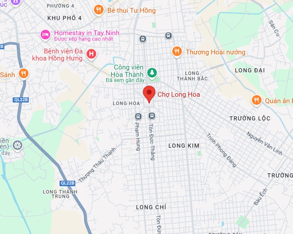 Vị trí của chợ Long Hoa trên bản đồ (Ảnh: Google Maps)