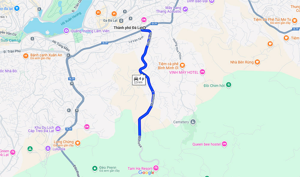 Bản đồ du lịch Đà Lạt cùng tuyến đường giúp bạn đi đèo Mimosa (Ảnh: Google Maps)