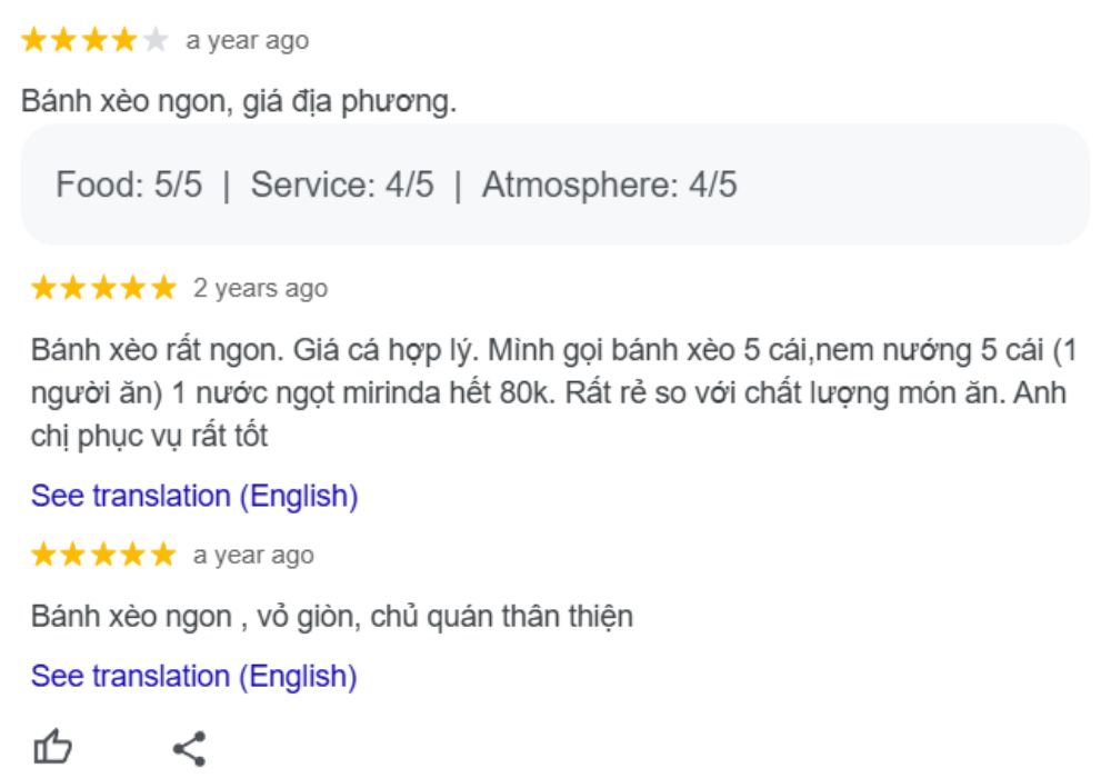 Một số đánh giá siêu chất lượng dành cho quán bánh xèo Hải Đảo 2