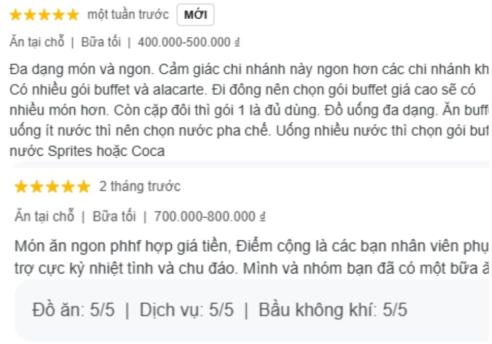 Nhận xét từ khách hàng sau khi trải nghiệm ẩm thực tại iSushi Cao Thắng (Ảnh: Google Maps)