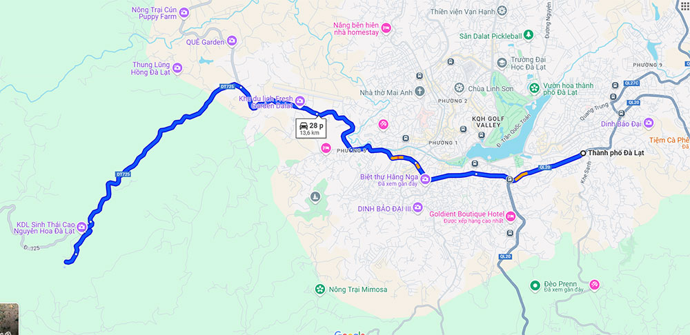 Bản đồ du lịch Đà Lạt cùng tuyến đường giúp bạn đi đèo Tà Nung (Ảnh: Google Maps)