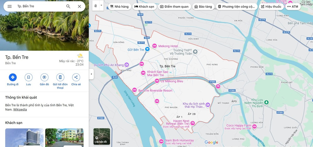 Thành phố Bến Tre thuộc vùng Đồng bằng sông Cửu Long (Ảnh: Google Maps)