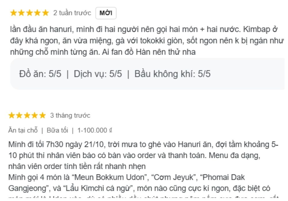 Đánh giá của khách hàng về trải nghiệm tại Hanuri 