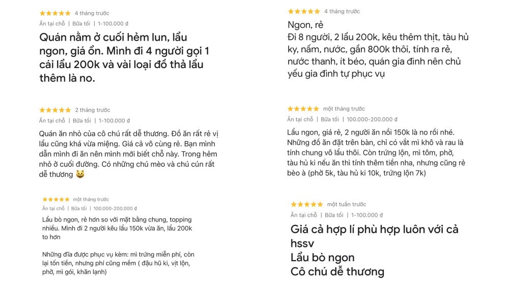 Đánh giá của thực khách sau khi trải nghiệm tại lẩu bò Quận 3 Cô Liên (Ảnh: Google Maps)