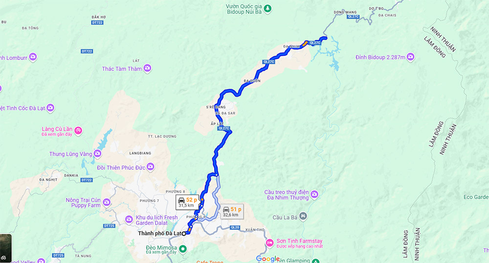 Bản đồ du lịch Đà Lạt cùng tuyến đường giúp bạn đi vườn thú ZooDoo (Ảnh: Google Maps)