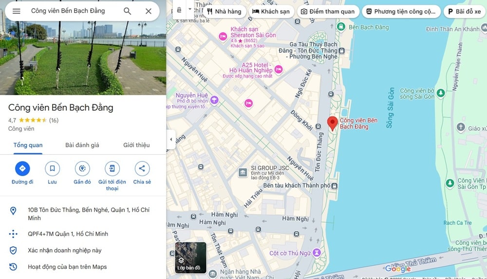 Công viên Bến Bạch Đằng trải dài dọc theo bờ sông Sài Gòn (Ảnh: Google Maps)