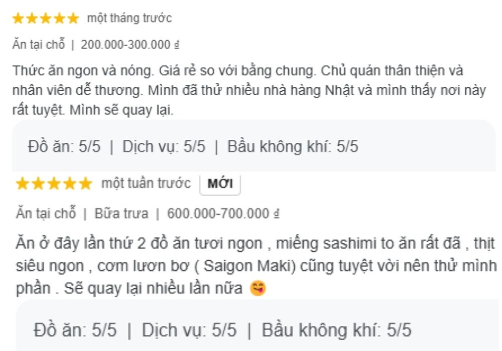 Nhận xét khách quan của khách hàng sau khi trải nghiệm tại ICHIHANA, quán Sushi Quận 3 (Ảnh: Google Maps)