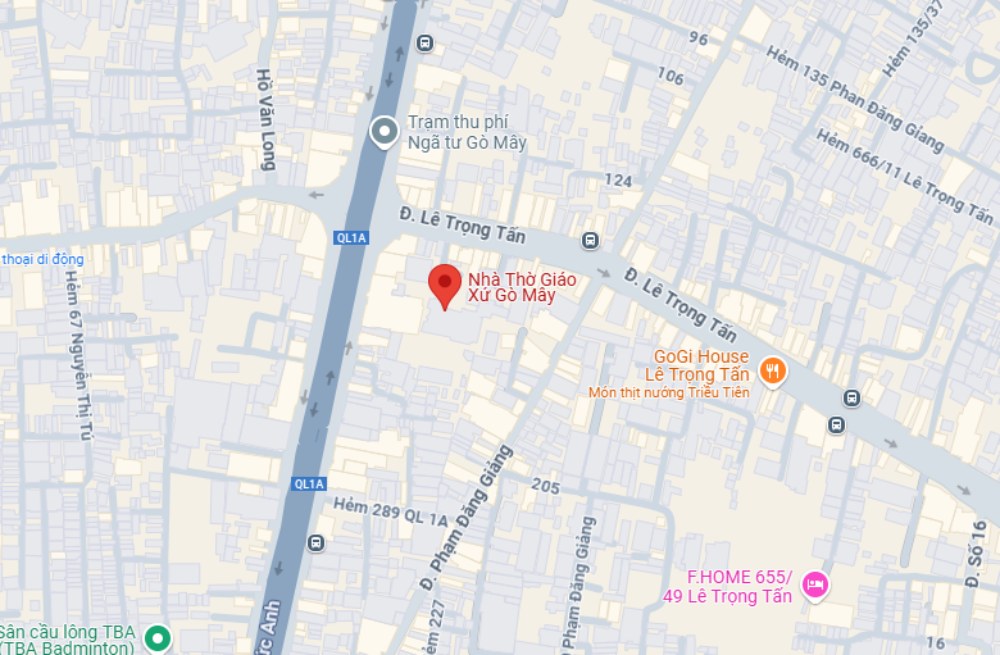 Giáo xứ Gò Mây nằm trên đường Lê Trọng Tấn, quận Bình Tân (Ảnh: Google maps)