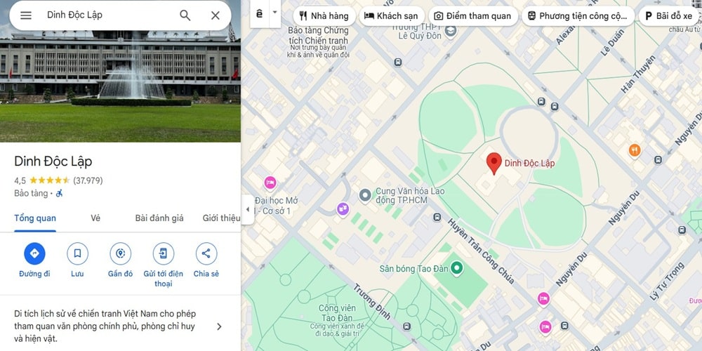 Dinh Độc Lập là di tích lịch sử về chiến tranh giành độc lập của Việt Nam ta (Ảnh: Google Maps)