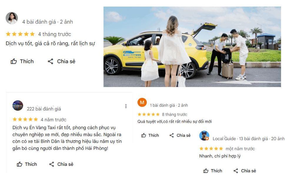 Taxi Én Vàng được người dùng đánh giá cao về chất lượng dịch vụ và giá cước hợp lý (Ảnh: Google Maps)