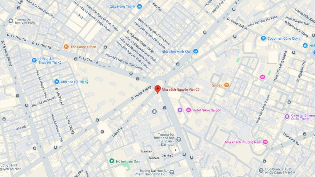 Vị trí của nhà sách Nguyễn Văn Cừ Quận 5 trên bản đồ (Ảnh: Google Maps)