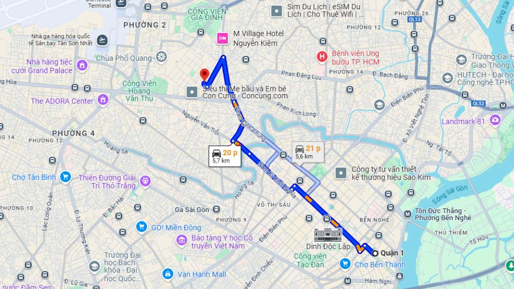 Di chuyển từ Quận 1 theo hướng đường Nam Kỳ Khởi Nghĩa – Nguyễn Văn Trỗi (Ảnh: Google Maps)