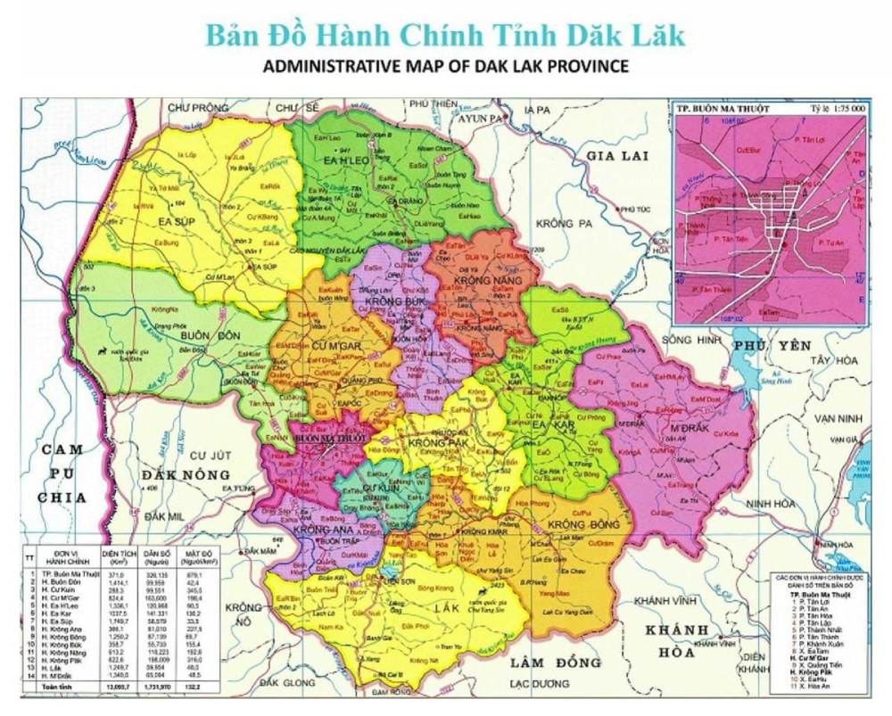 Bản đồ hành chính tỉnh Đắk Lắk đầy đủ, chi tiết 